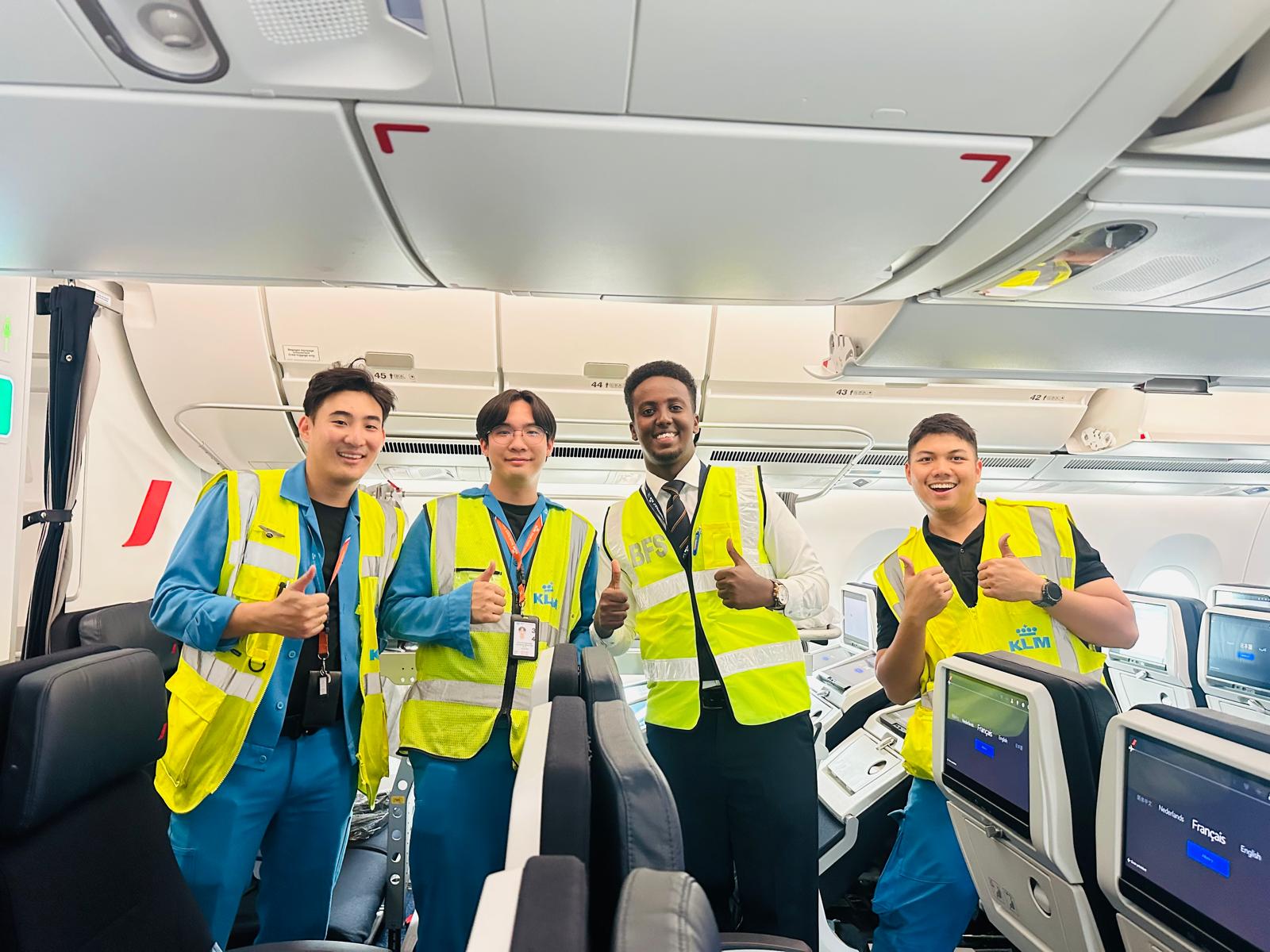 Practical cabin safety training with fellow aviation students